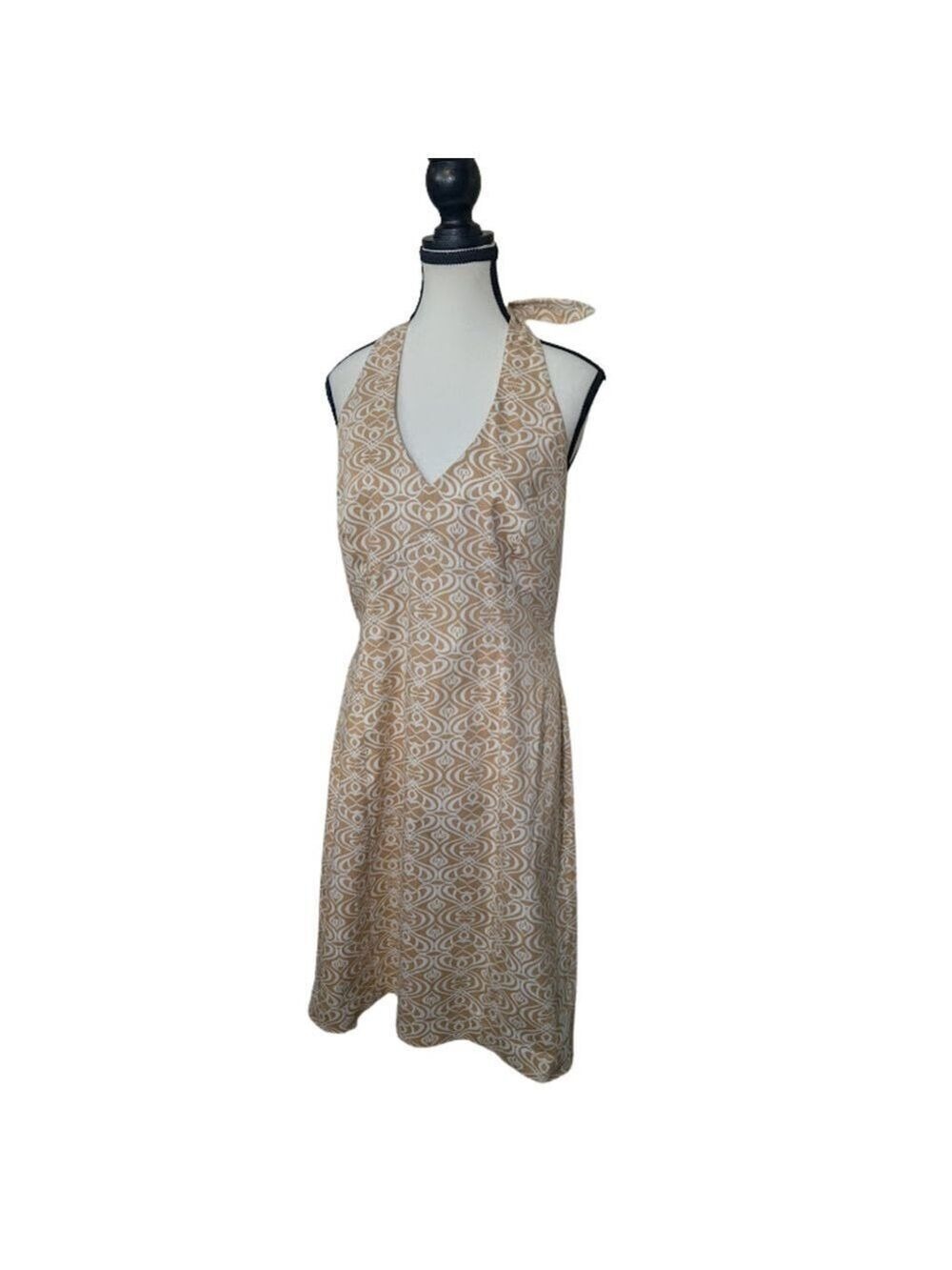 Neutral Geometric Print V-Neck Halter Dress Size 10 Quiet Luxury Cotton Midi